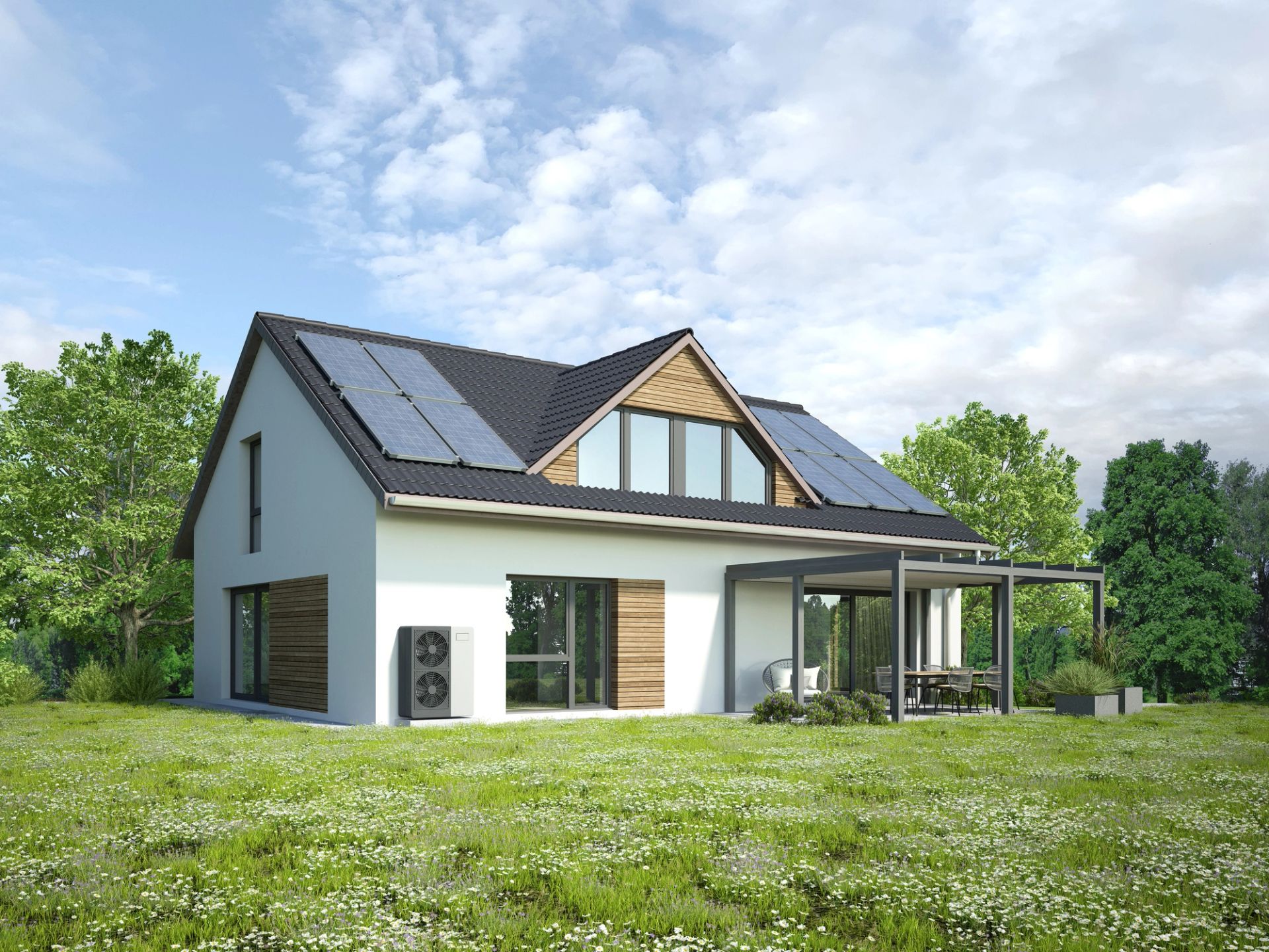 Modern home with rooftop solar panels installed by New Ventures Multi Services
